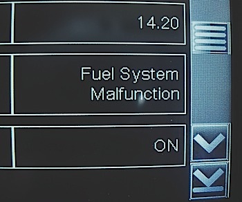 The “Fuel System Malfunction” data line indicates a high-pressure fuel pump failure on a new GDI engine. Note the lean 14.20 air/fuel ratio on the top line.